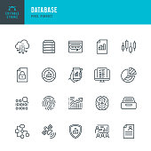 DATABASE - thin line vector icon set. Pixel perfect. Editable stroke. The set contains icons: Big Data, Biometric Data, Analyzing, Diagram, Personal Data, Cloud Computing, Archive, Stock Market Data, Brain.