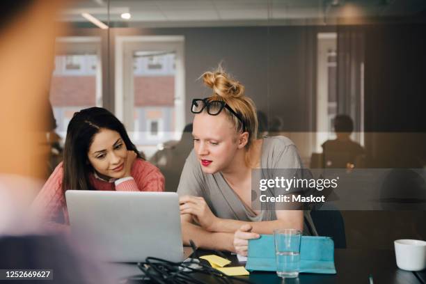 businesswoman discussing with transgender colleague over laptop in board room during meeting - androgynous professional stock pictures, royalty-free photos & images