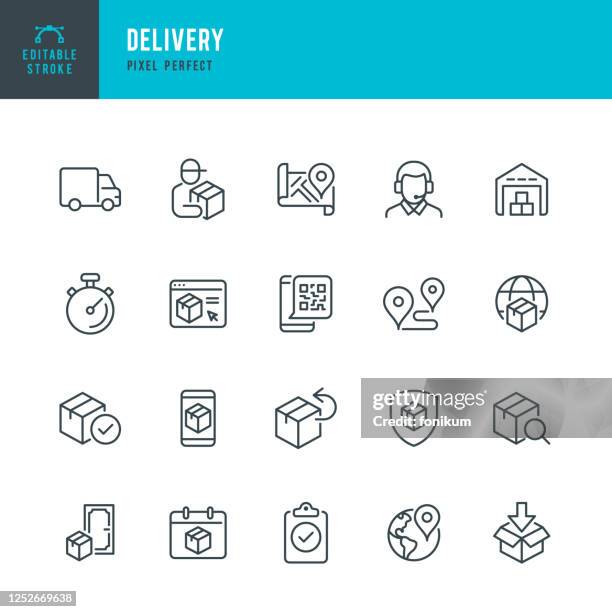 ilustraciones, imágenes clip art, dibujos animados e iconos de stock de entrega - conjunto de iconos vectoriales de línea delgada. pixel perfecto. trazo editable. el conjunto contiene iconos: entrega, persona de entrega, camión de entrega, paquete, devolución de producto, almacén, soporte. - entregar