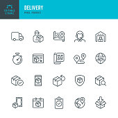 DELIVERY - thin line vector icon set. Pixel perfect. Editable stroke. The set contains icons: Delivery, Delivery Person, Delivery Truck, Package, Product Return, Warehouse, Support.