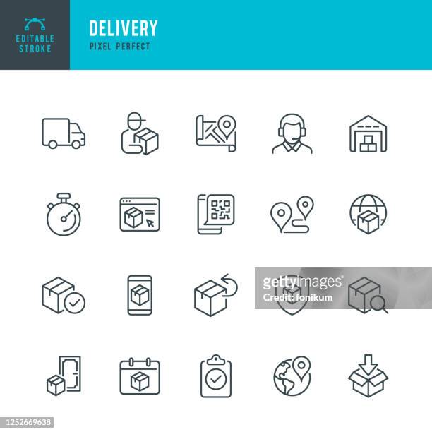 delivery - thin line vector icon set. pixel perfect. editable stroke. the set contains icons: delivery, delivery person, delivery truck, package, product return, warehouse, support. - watching stock illustrations