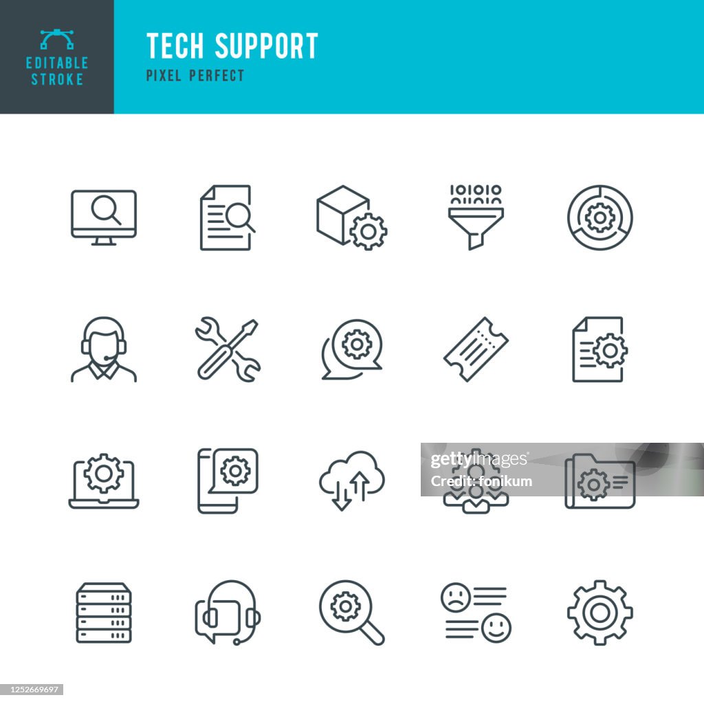Tech Support - Dünnlinien-Vektor-Symbol-Set. Pixel perfekt. Bearbeitbarer Strich. Das Set enthält Symbole: IT-Support, Support, Tech-Team, Call Center, Work Tool.