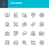 Tech Support - thin line vector icon set. Pixel perfect. Editable stroke. The set contains icons: IT Support, Support, Tech Team, Call Center, Work Tool.