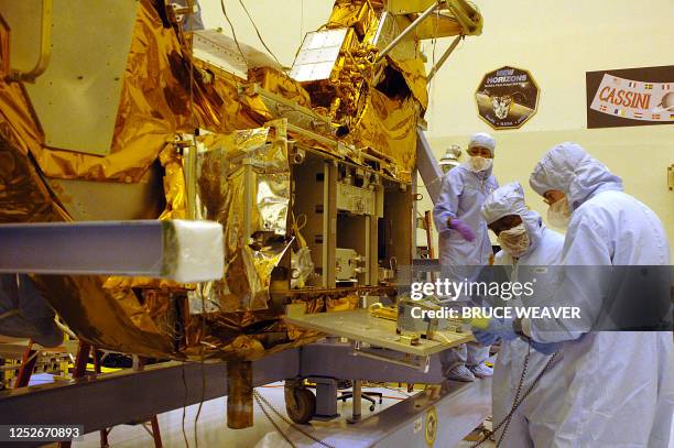 Technicians make final checks to Hubble Space Telescope servicing equipment on September 10, 2008 in the Payload Hazardous Servicing facility at...