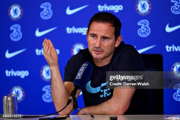 Caretaker Manager Frank Lampard of Chelsea during a press conference at Chelsea Training Ground on May 5, 2023 in Cobham, England.