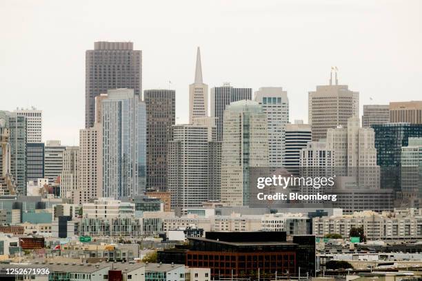 Buildings in the downtown skyline of San Francisco, California, US, on Wednesday, May 3, 2023. San Francisco's office-vacancy rate soared to a record...