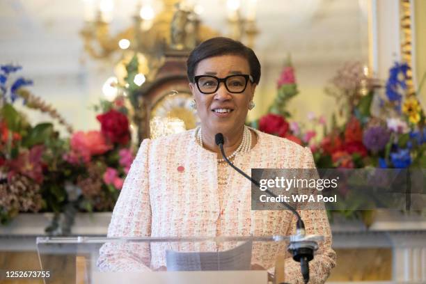 Commonwealth Secretary-General, Patricia Scotland, Baroness Scotland of Asthal speaks to Commonwealth Leaders at Marlborough House on May 5, 2023...