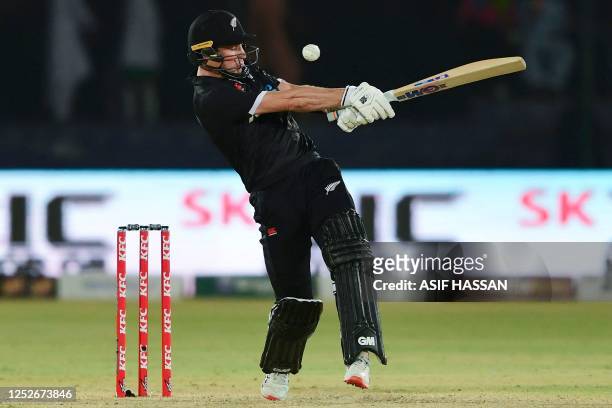 New Zealand's Will Young plays a shot during the fourth one-day international cricket match between Pakistan and New Zealand at the National Stadium...