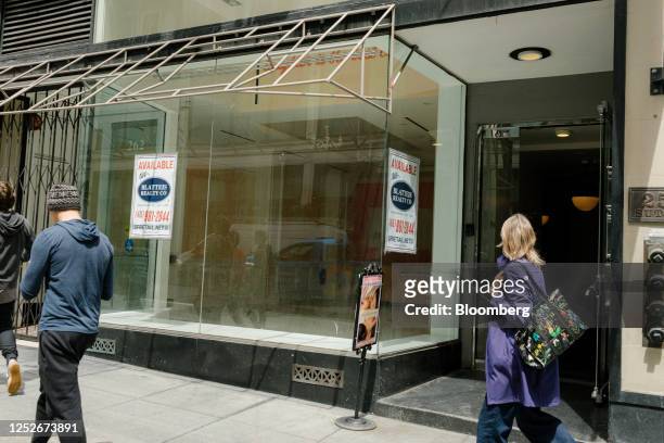 Vacant retail storefront in the Union Square shopping district of San Francisco, California, US, on Wednesday, May 3, 2023. San Francisco's...