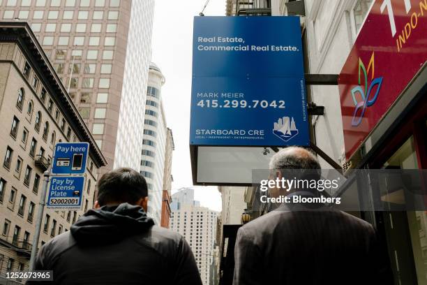 Commercial Real Estate" sign in the Financial District of San Francisco, California, US, on Wednesday, May 3, 2023. San Francisco's office-vacancy...