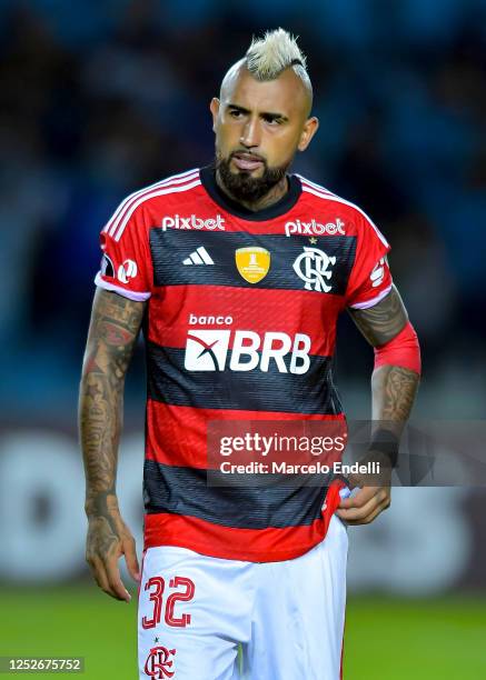 Arturo Vidal of Flamengo looks on prior a Copa CONMEBOL Libertadores 2023 Group A match between Racing Club and Flamengo at Presidente Peron Stadium...