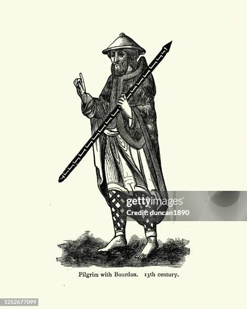 barefoot medieval pilgrim with bourdon (pilgrim's staff), 13th century - pilgrim costume stock illustrations