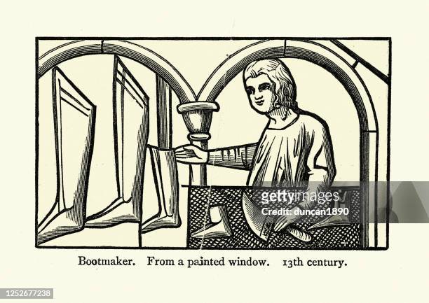 medieval bootmaker in his workship, 13th century, history shoemaking - medieval shoes stock illustrations