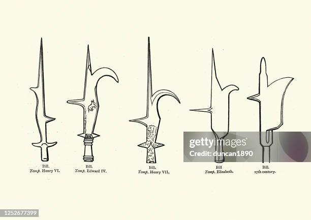 medieval weapons, polearms, types of bills - halberd stock illustrations