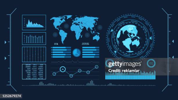 ilustraciones, imágenes clip art, dibujos animados e iconos de stock de hud el fondo mundial de la tecnología cibernética de datos digitales. - holographic-map