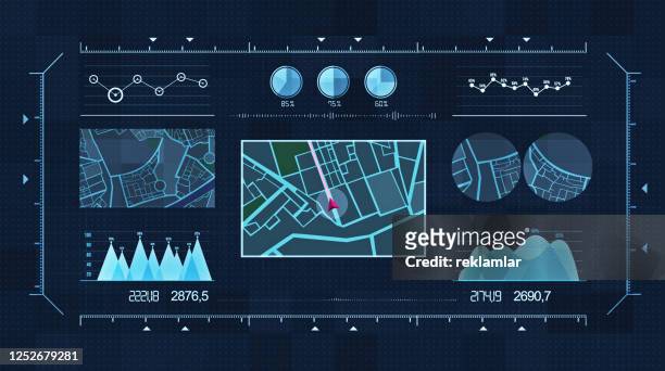 futuristic multi screen gadget panel, futuristic hud holographic digital city map, navigation animation night, navigation city map gps navigation, localization night - hologram stock illustrations