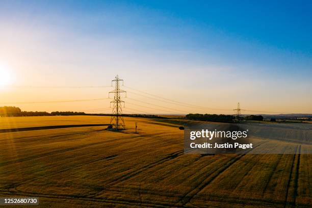 electricity pylons in the countryside at sunset - electricity stock pictures, royalty-free photos & images