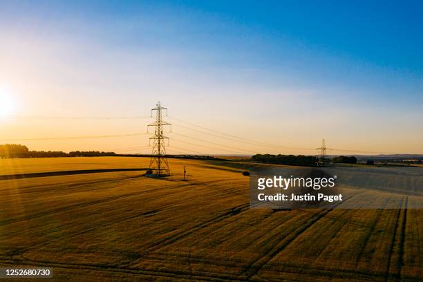 electricity pylons in the countryside at sunset - electricity pylon 個照片及圖片檔