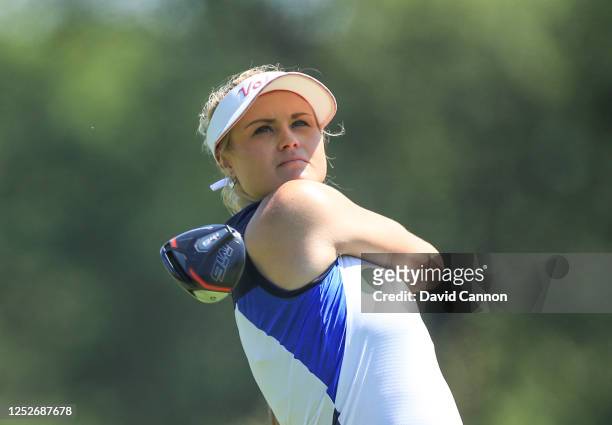 Carly Booth of Scotland plays her tee shot on the second hole during The Rose Ladies Series on the High Course at Moor Park Golf Club on June 25,...