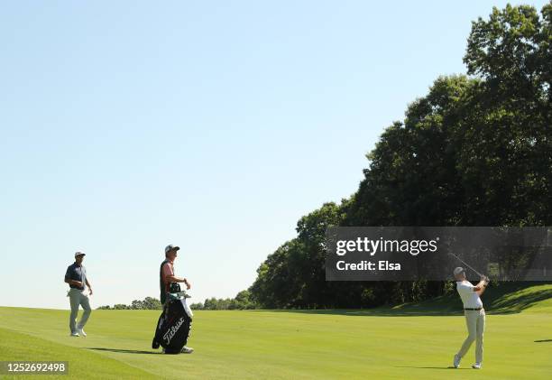 Patton Kizzire of the United States plays a shot on the 14th hole during the second round of the Travelers Championship at TPC River Highlands on...