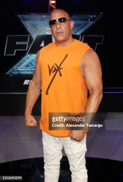 Mark Sinclair, known professionally as Vin Diesel, is seen during the Fast X Experience at Telemundo Center on May 5, 2023 in Doral, Florida.