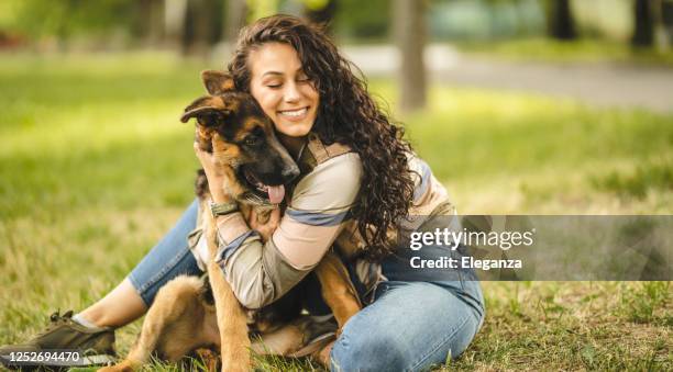 happy young woman playing with her dog on the grass in park - alsation stock pictures, royalty-free photos & images