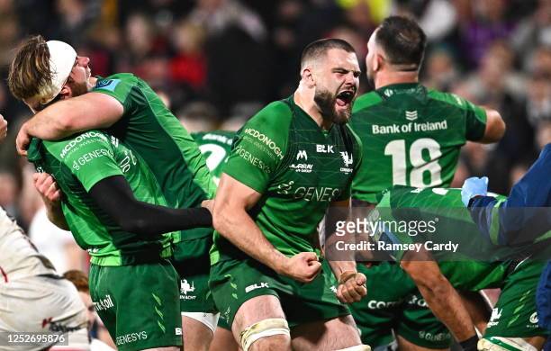 Belfast , United Kingdom - 5 May 2023; Shamus Hurley-Langton of Connacht celebrates at the final whistle of the United Rugby Championship...