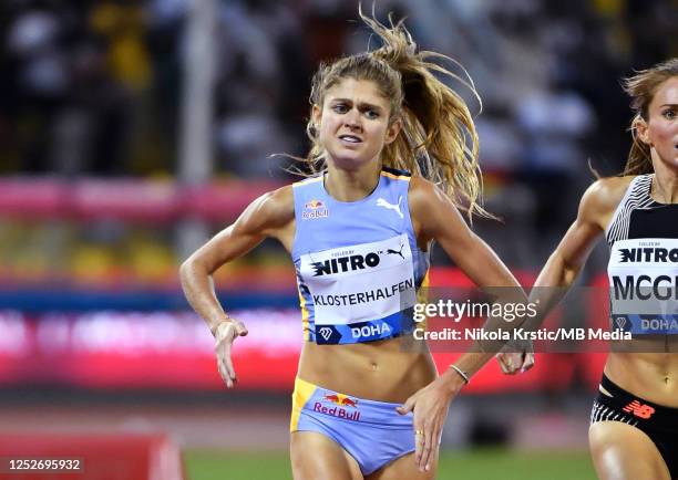 Konstanze Klosterhalfen of Germany competes in 1500m Women race during the Athletics Diamond League at Khalifa International Stadium on May 5, 2023...