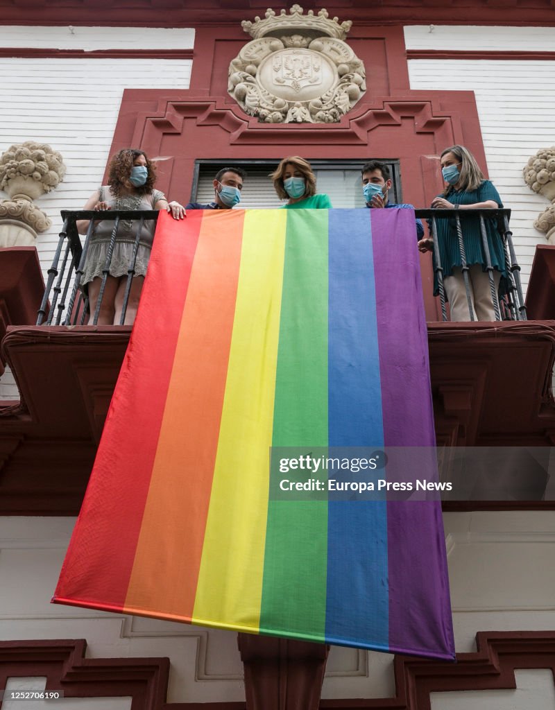 Susana Díaz Attends The Deployment Of The Rainbow Flag At The Regional Headquarters Of The PSOE