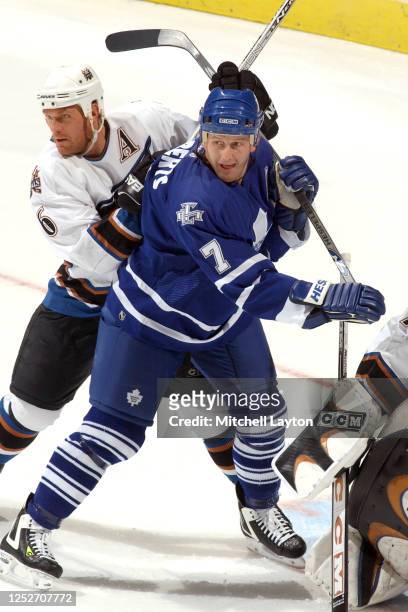 Calle Johansson of the Washington Capitals and Gary Roberts of the Toronto Maple Leafs looks on during a NHL hockey game at MCI Center on February...