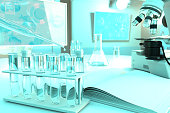 lab test-tubes in modern science study clinic - drinking water quality test for conductivity, medical 3D illustration