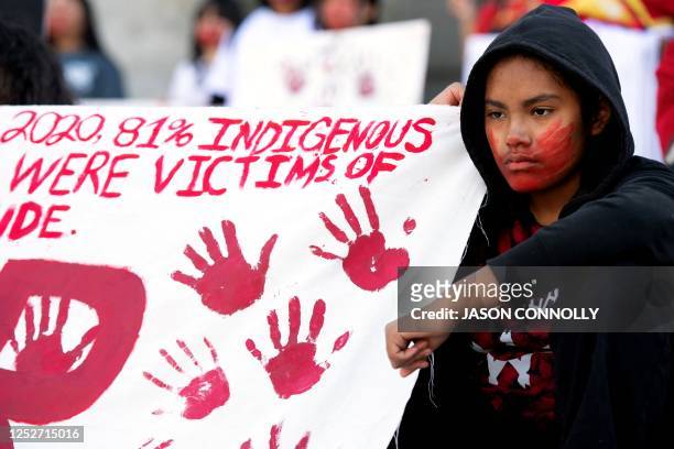 Student from the American Indian Academy of Denver participates in a student-led rally in support of Missing or Murdered Indigenous Persons Awareness...