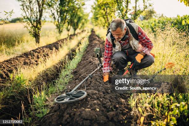 hogere mens die schatten in aard zoekt - schatzoeken stockfoto's en -beelden