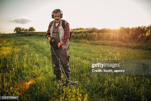 één hogere mens die schatten in aard met de metaaldetector zoekt - schatzoeken stockfoto's en -beelden