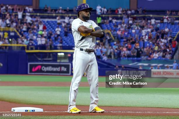 Randy Arozarena of the Tampa Bay Rays celebrates his home run against the New York Yankees as he rounds the bases during the first inning of a...