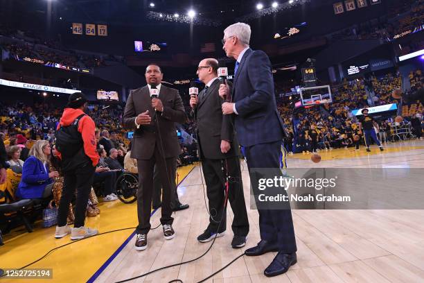 Analysts Mark Jackson, Jeff Van Gundy, and Mike Breen talk before Game 2 of the 2023 NBA Playoffs Western Conference Semifinals between the Los...