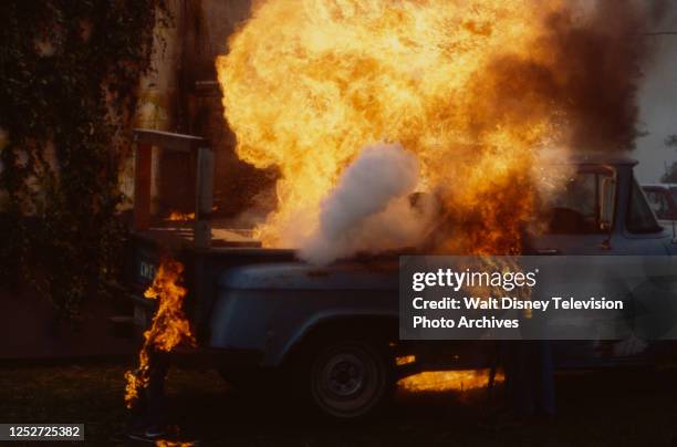 Truck on fire, stunt, appearing in the ABC tv movie 'The Day After', about the effects of a nuclear war on a small mid-western town.