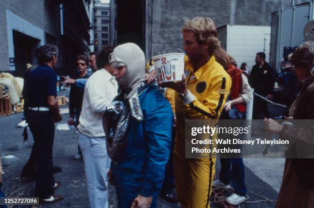 Stuntwoman, fire stunt, crew, behind the scenes, making of the ABC tv movie 'The Day After', about the effects of a nuclear war on a small...