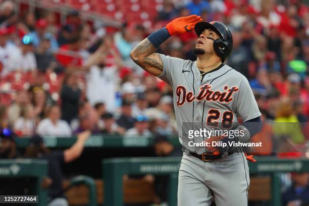 Javier Baez of the Detroit Tigers celebrates after hitting a two-run home run against the St. Louis Cardinals in the first inning at Busch Stadium on...