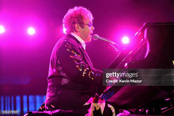 Musician Elton John performs on stage during the Andre Agassi Foundation for Education's 15th Grand Slam for Children benefit concert at the Wynn Las...