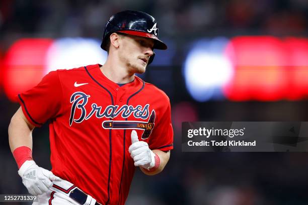 Sean Murphy of the Atlanta Braves rounds third after hitting a 3-run home run during the eighth inning of the game against the Baltimore Orioles at...