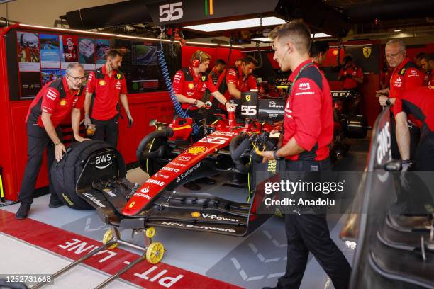 Driver Carlos Sainz of Scuderia Ferrari F1 Team car at the pit lane during a the second practice session ahead of the F1 Grand Prix of Miami at the...