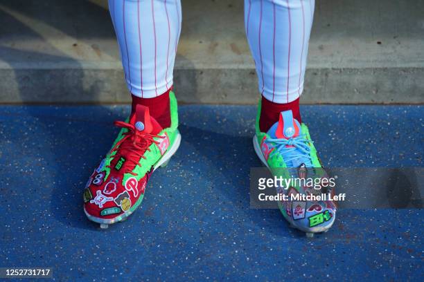 Detailed view of the cleats of Bryce Harper of the Philadelphia Phillies prior to the game against the Boston Red Sox at Citizens Bank Park on May 5,...