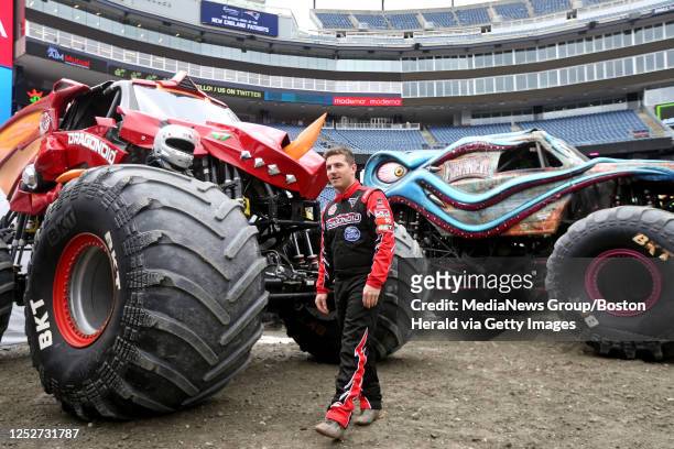 Camden Murphy with his Monster Truck Dragonoid, at the Monster Jam trucks at Gillette Stadium on Friday in Foxboro, MA. May 5, 2023