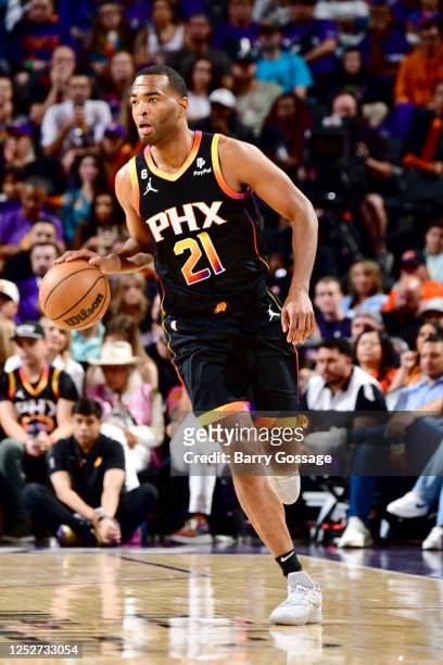 Warren of the Phoenix Suns dribbles the ball during Game 3 of the 2023 NBA Playoffs Western Conference Semi-Finals against the Denver Nuggets on May...