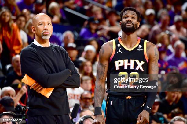 Head Coach Monty Williams of the Phoenix Suns and Deandre Ayton look on during Game 3 of the 2023 NBA Playoffs Western Conference Semi-Finals against...