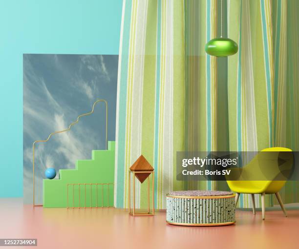 living room in mid-century style with abstract shapes - green curtain stock pictures, royalty-free photos & images