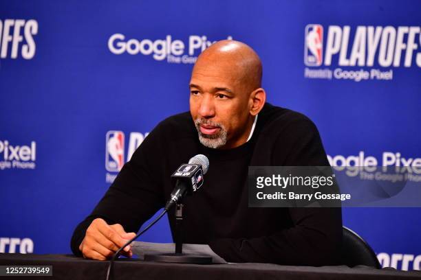 Head Coach Monty Williams of the Phoenix Suns talks to the media after Game 3 of the 2023 NBA Playoffs Western Conference Semi-Finals against the...