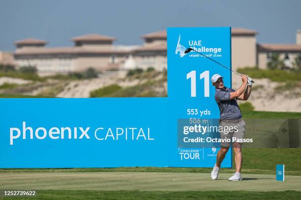 Paul Dunne of Ireland plays his tee shot on the 11th hole during Day Three of the UAE Challenge at Saadiyat Beach Golf Club on May 6, 2023 in Abu...