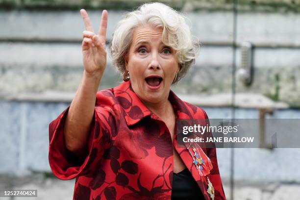 English actress Emma Thompson arrives at Westminster Abbey in central London on May 6 ahead of the coronations of Britain's King Charles III and...